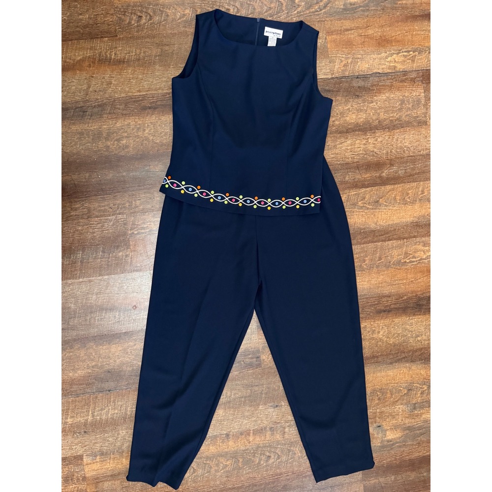Vintage Y2K Perceptions 2 Piece Navy Pants Set Colorful Buttons Sz 14/16